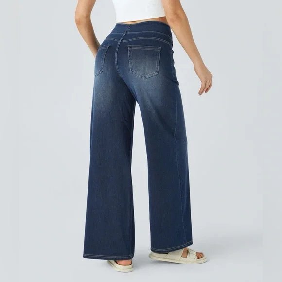 Halara Flex High Waisted Wide Leg Washed Jeans Dark Blue Size Small - Picture 2 of 15